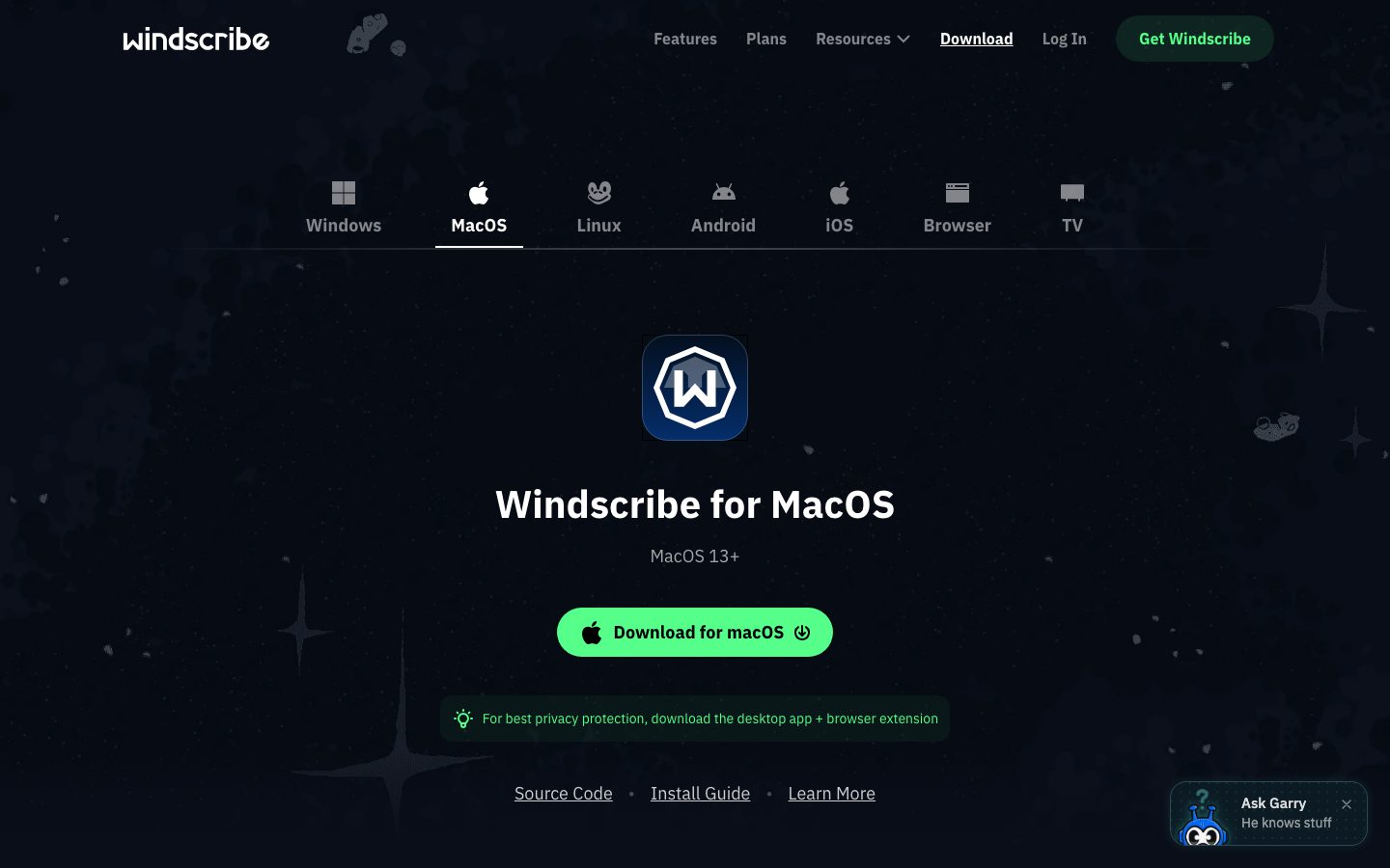 Скриншот страницы загрузок windscribe.com/download с вкладками платформ Windows, macOS, Linux, Android, iOS, Browser и TV, снят 24.09.2026