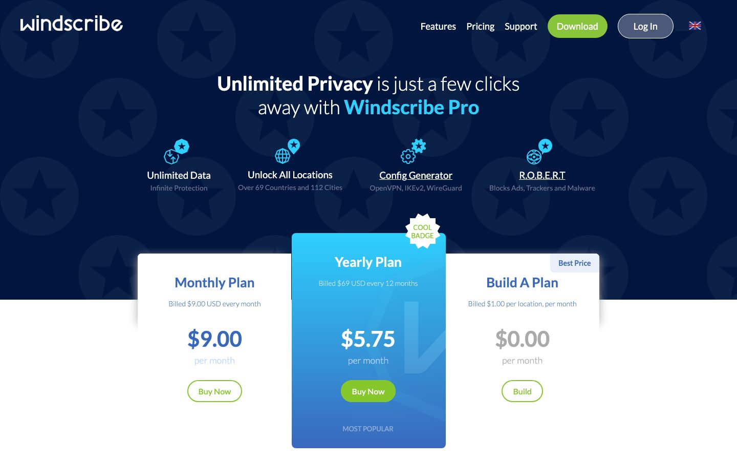 windscribe.com/upgrade 定价页截图:Monthly 每月 $9.00,Yearly 每月 $5.75(按年计费 $69),Build A Plan 每地区每月 $1.00 起,截取于 2026年9月24日