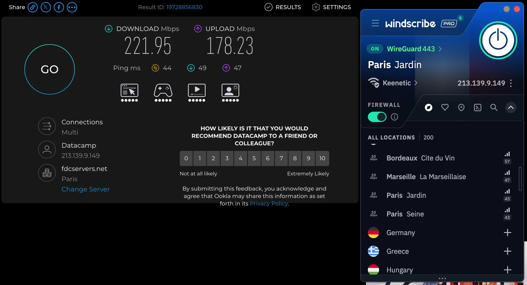 Speedtest, подключение к Paris Jardin, WireGuard 443: 221,95 Мбит/с загрузка, 178,23 отдача, пинг 44 мс.