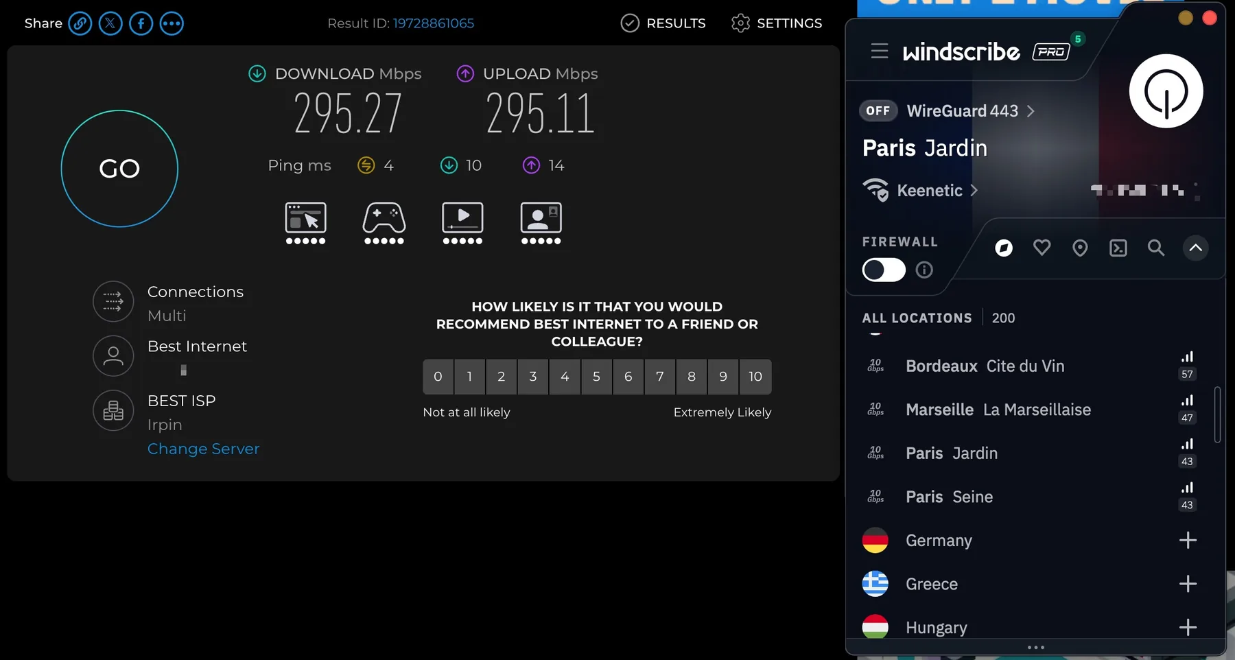 Speedtest при отключённом Windscribe: 295,27 Мбит/с загрузка, 295,11 отдача, пинг 4 мс.