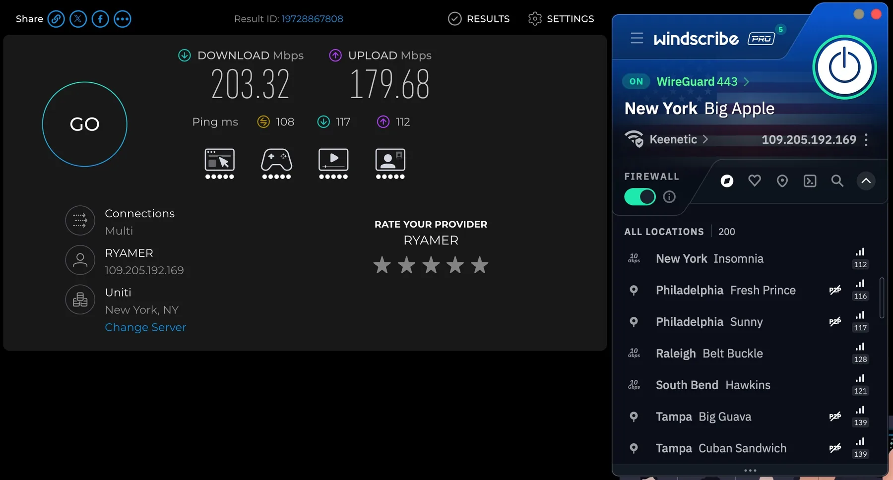 Speedtest, подключение к New York Big Apple, WireGuard 443: 203,32 Мбит/с загрузка, 179,68 отдача, пинг 108 мс.