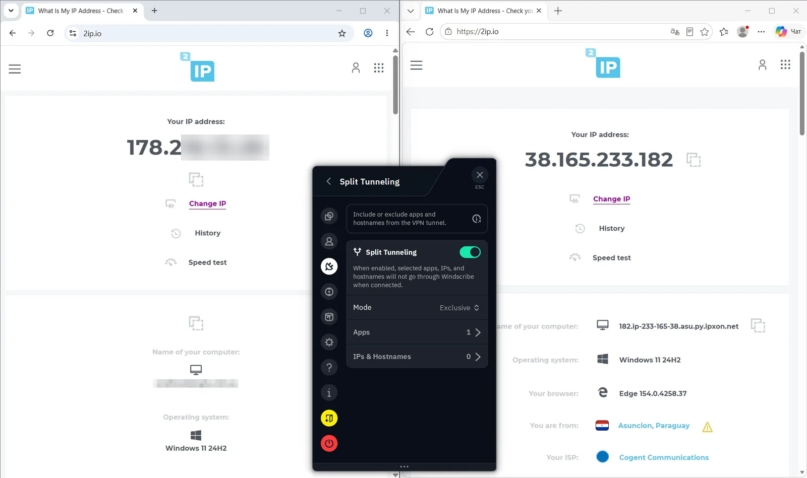Side-by-side IP check: the excluded browser shows the tester's own address (masked); the other browser shows a VPN exit address in Asunción, Paraguay. Split Tunneling is on, mode Exclusive, one app.